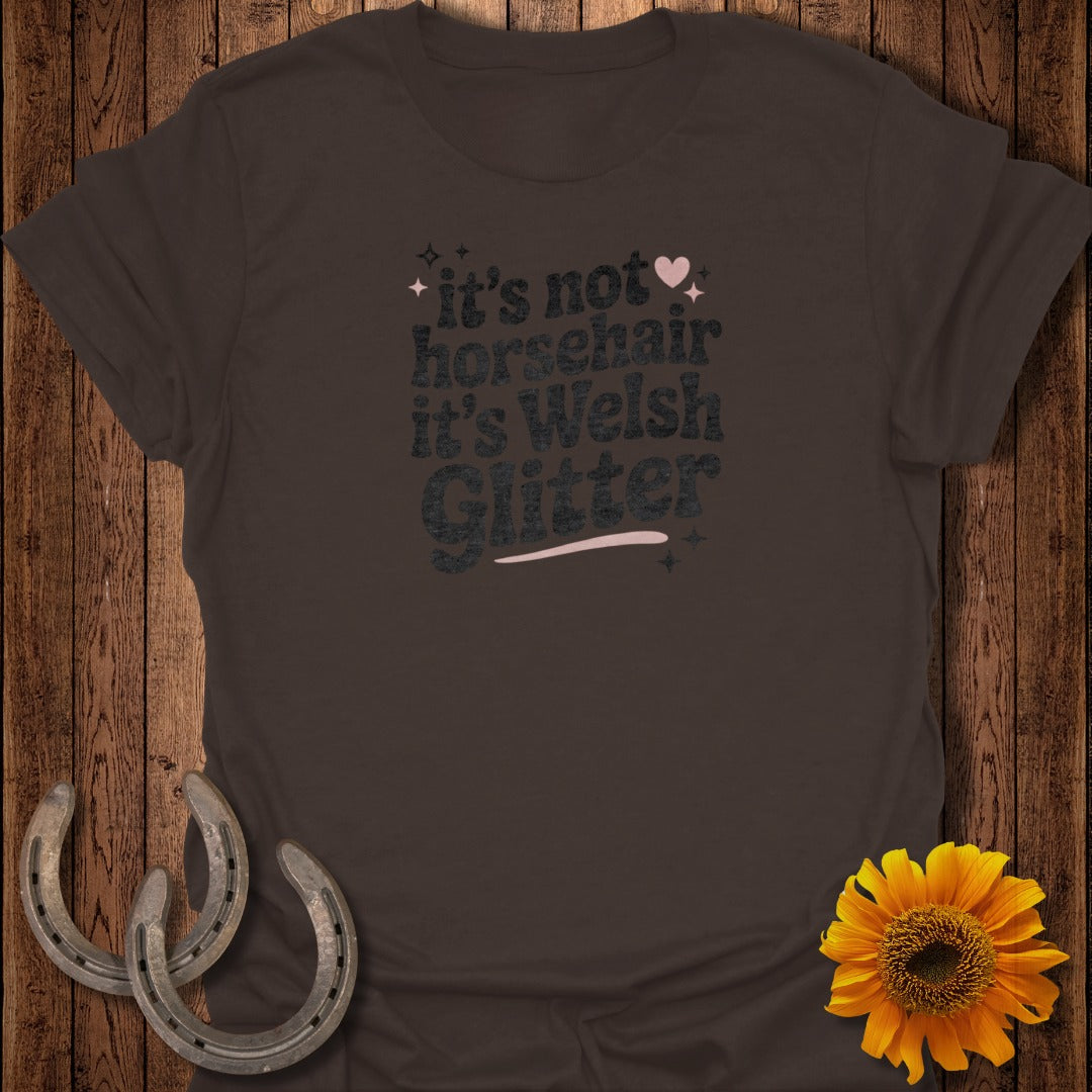 Brown t-shirt with "it's not horsehair it's Welsh Glitter" text.