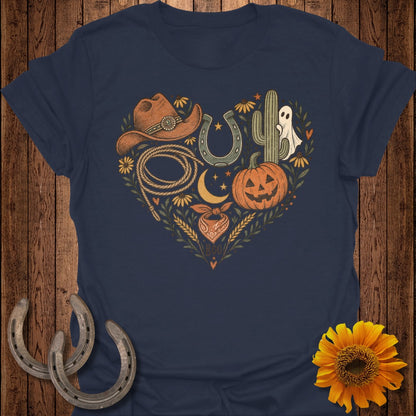 Navy t-shirt with a heart-shaped western and Halloween graphic.