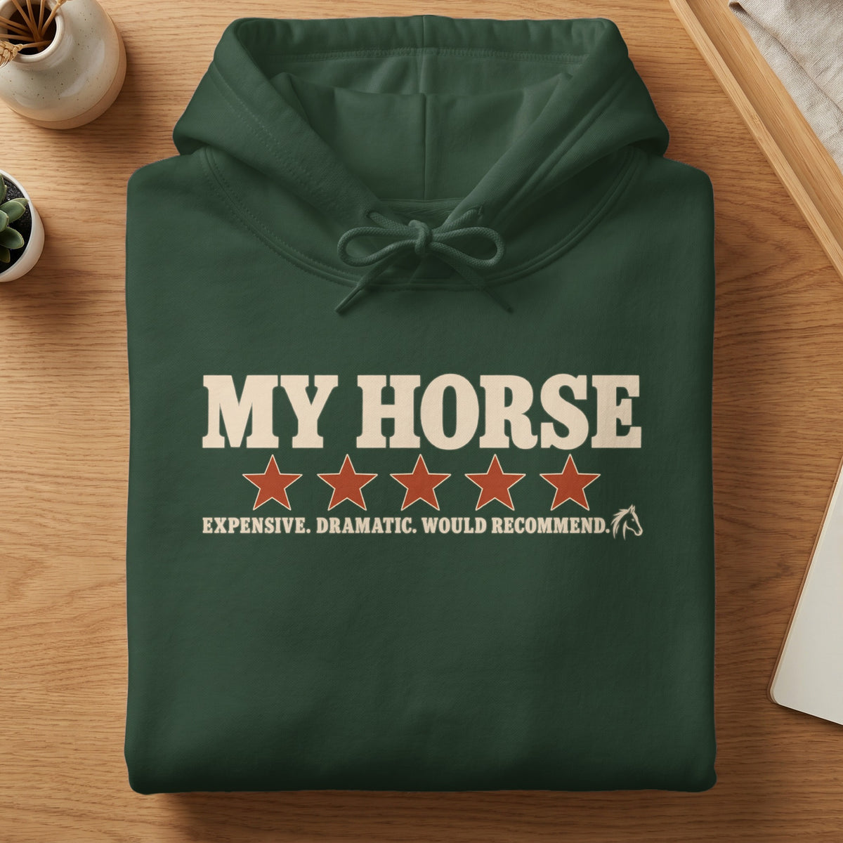 Dark green hoodie with "MY HORSE" text and four red stars.