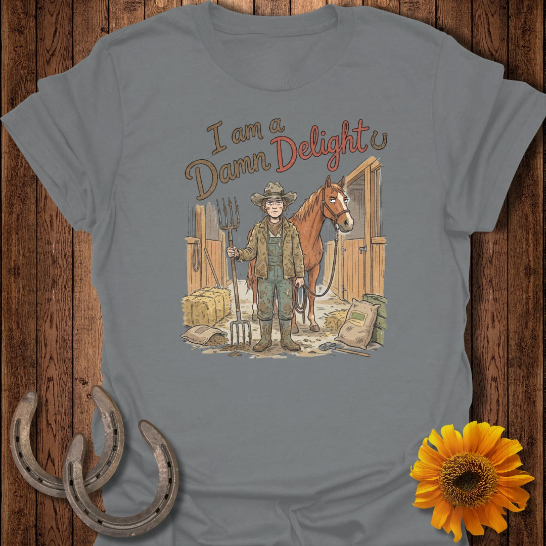 Person in barn holding pitchfork with horse, text "I am a Damn Delight".
