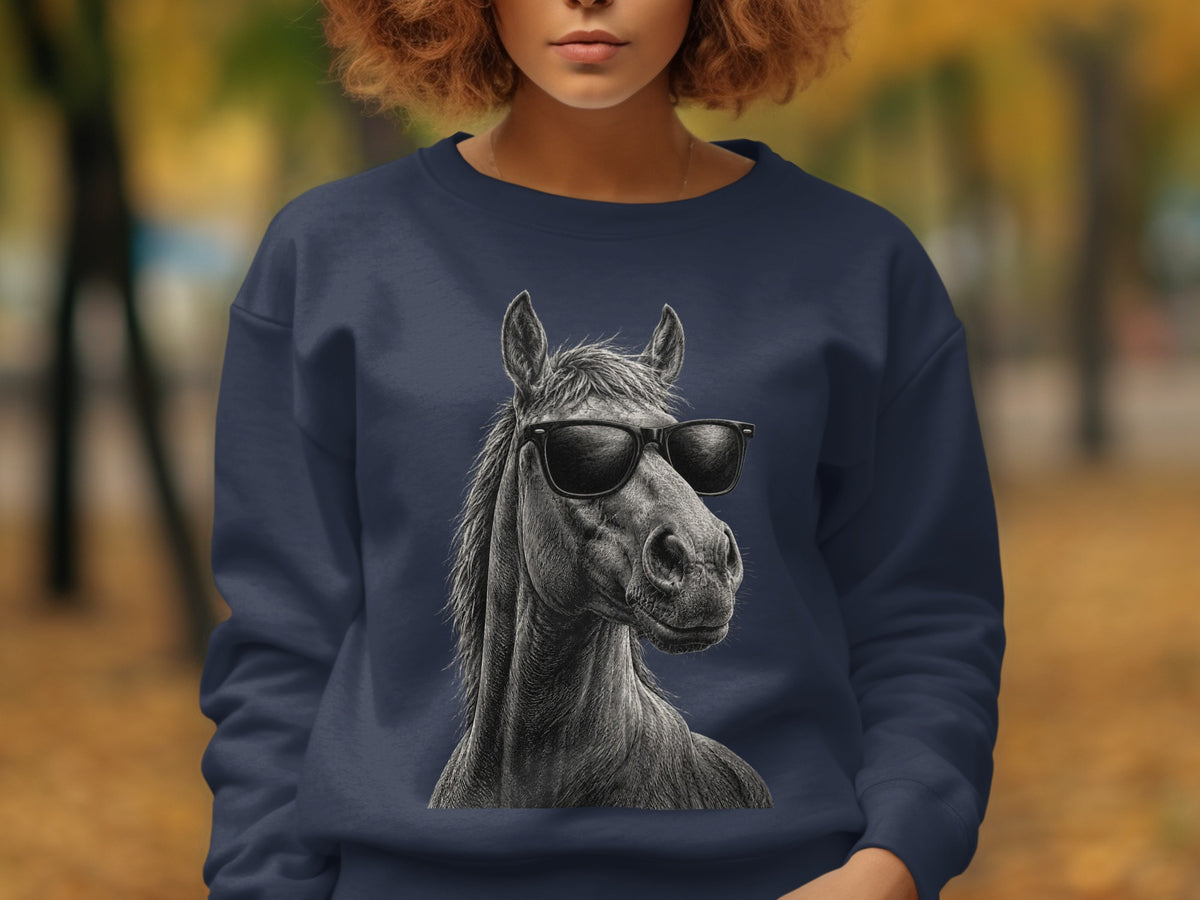 Navy sweatshirt with a detailed sketch of a horse wearing sunglasses.