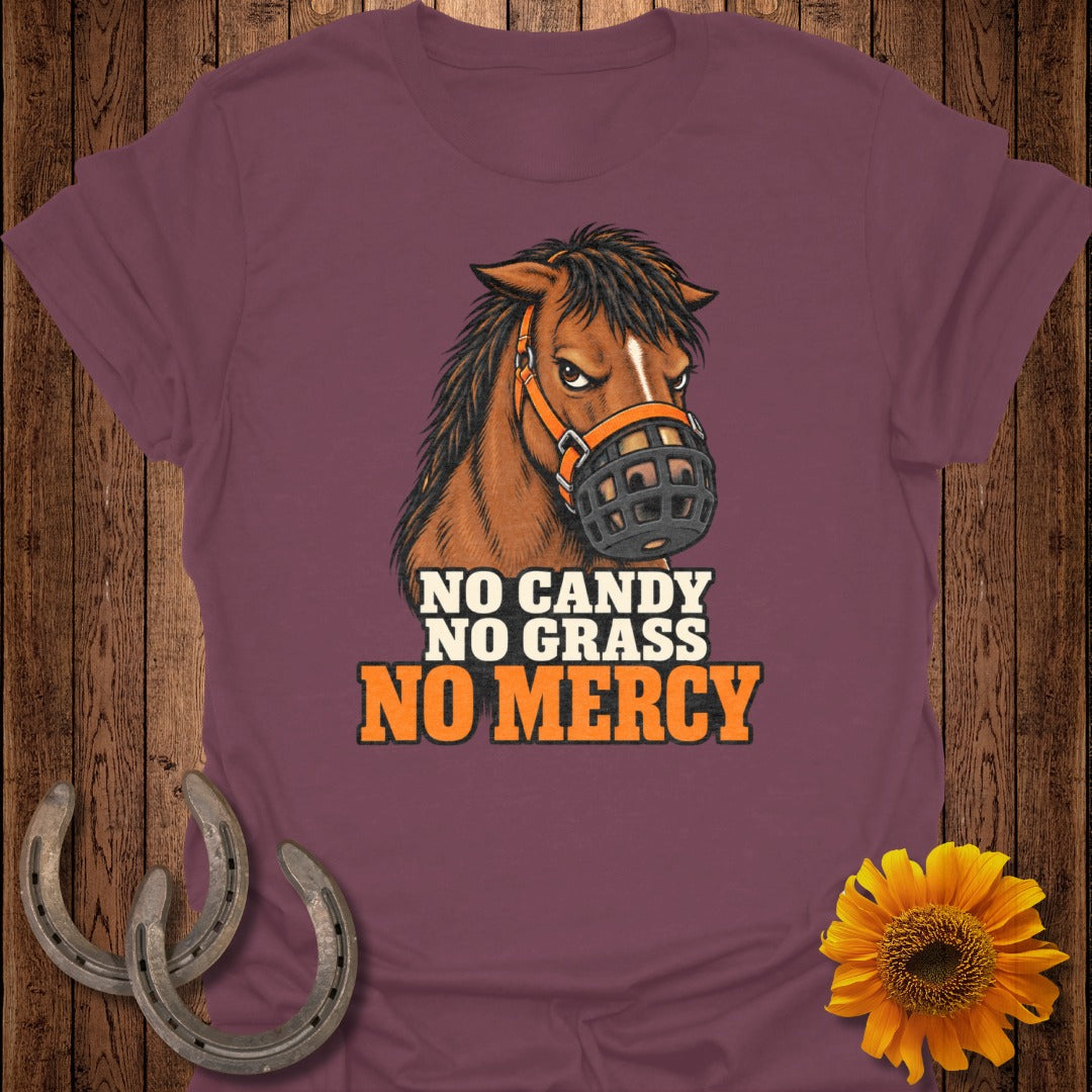 Brown horse with muzzle and text "NO CANDY NO GRASS NO MERCY."