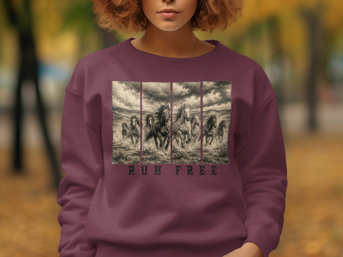 Maroon sweatshirt with a drawing of running horses and "RUN FREE" text.