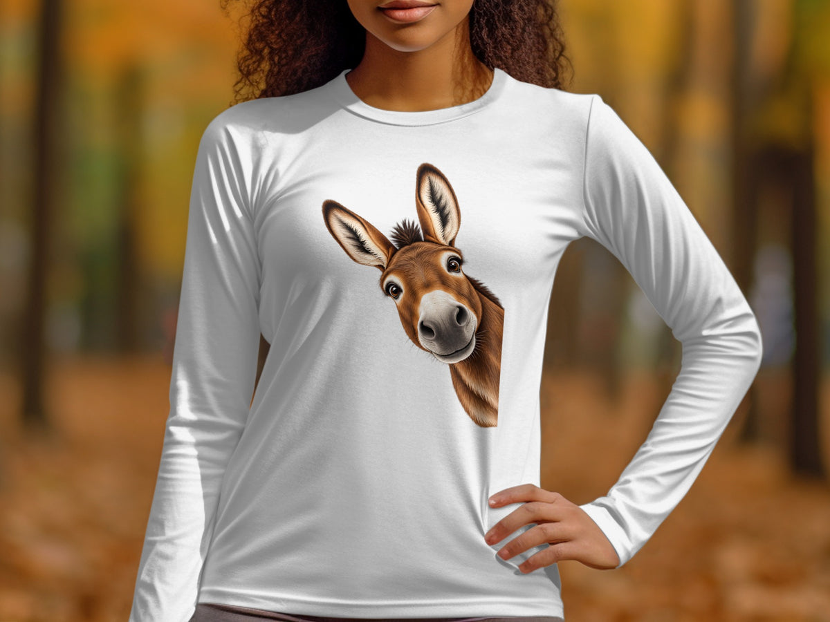 White long-sleeve shirt with a curious donkey peeking from the side.