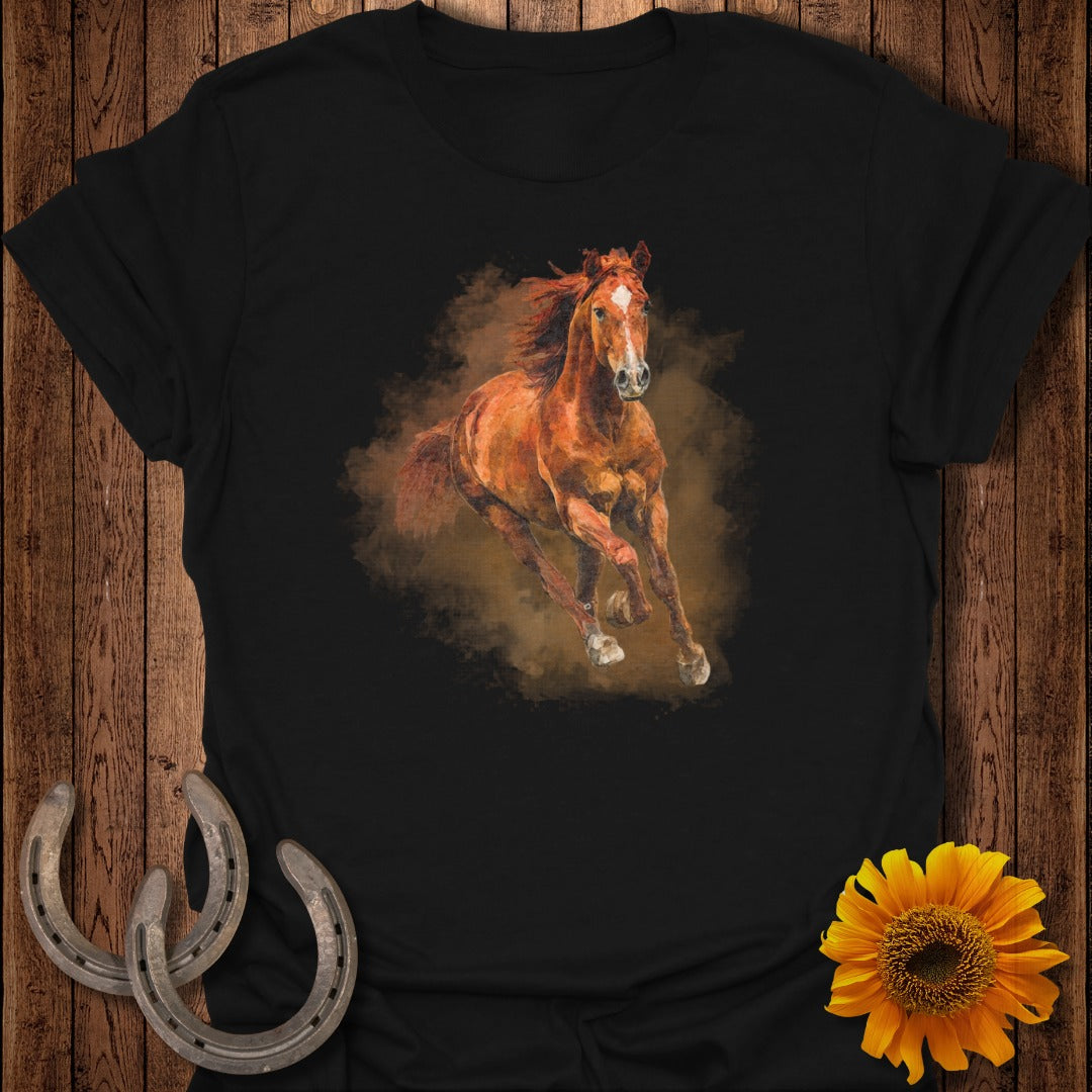 Black t-shirt with a dynamic, galloping brown horse design and horse shoes.