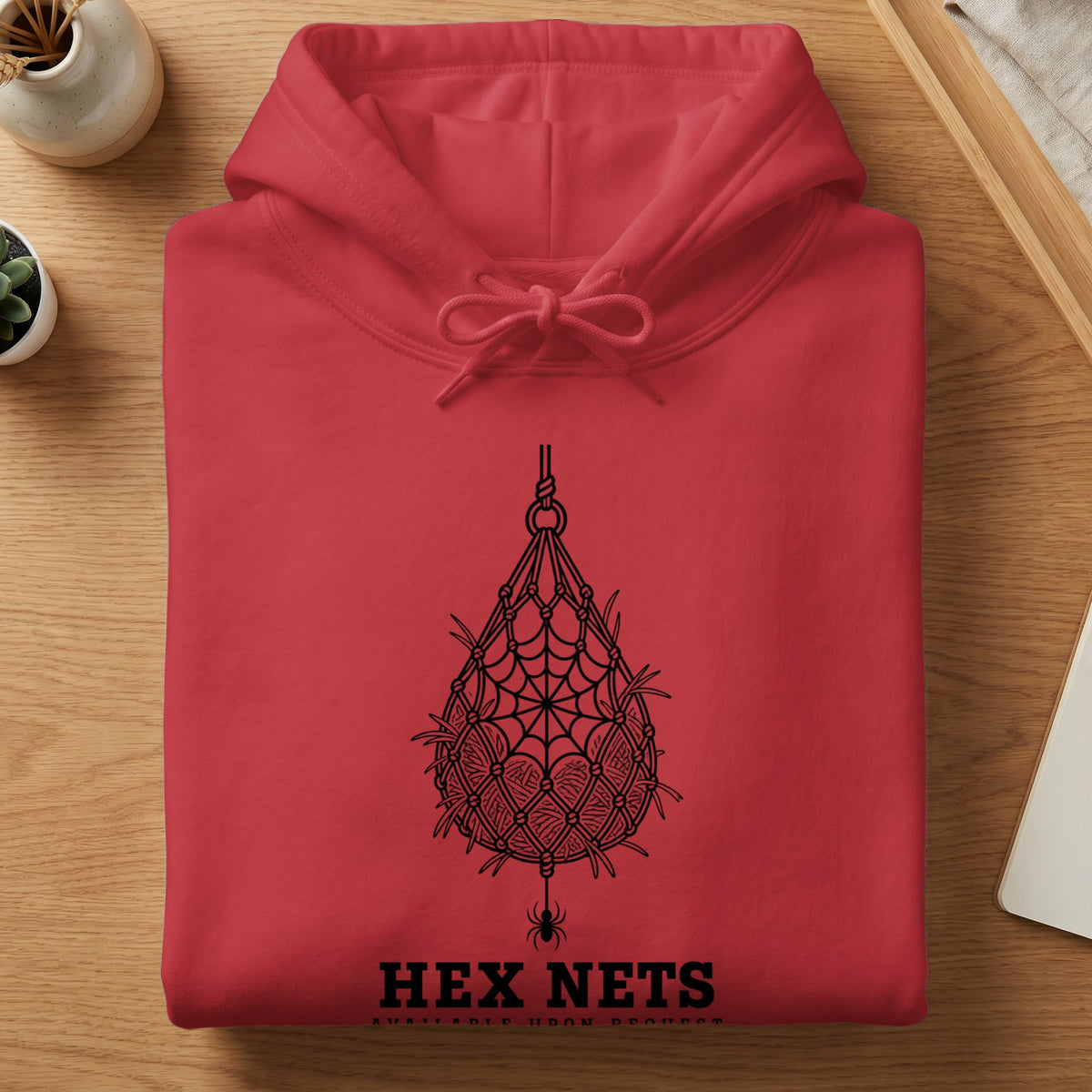 Red hoodie with black spiderweb net graphic and "HEX NETS" text.