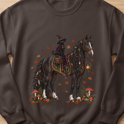 Black cat in witch hat rides ornate dark horse with autumnal foliage and mushrooms.