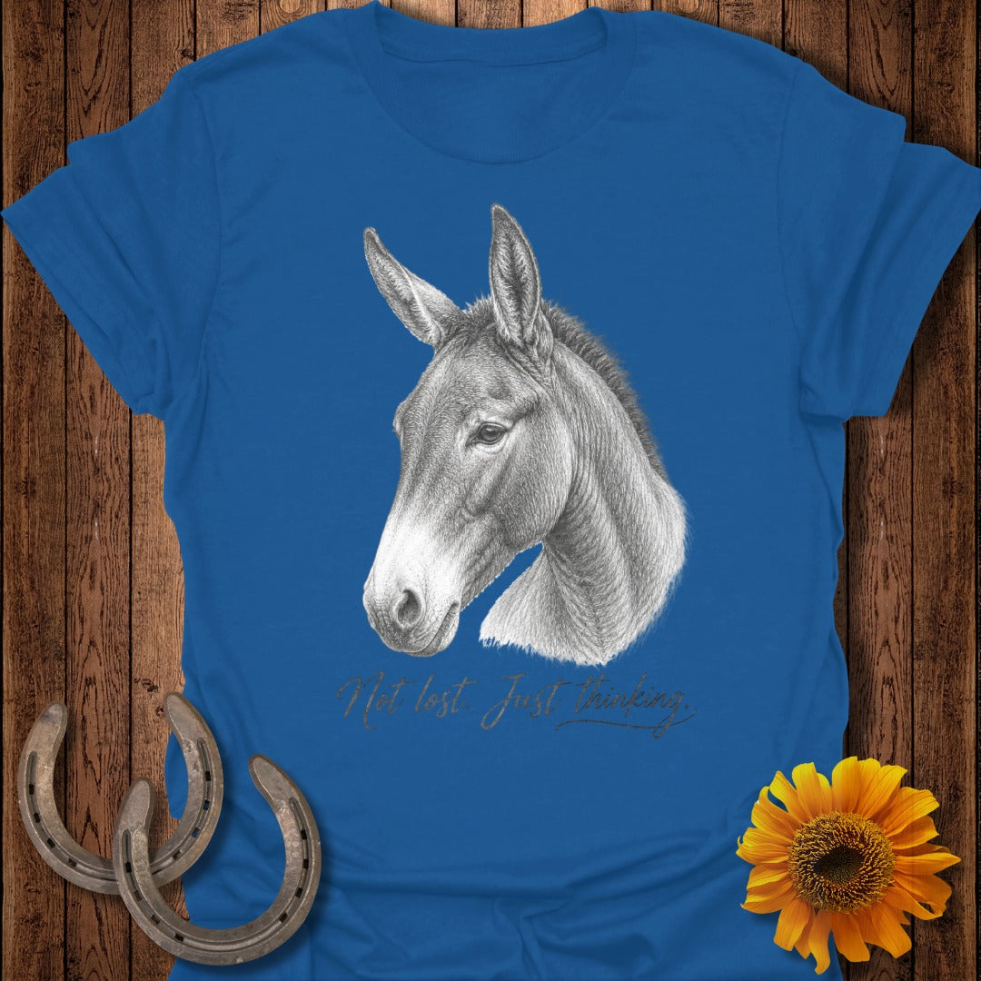 Blue t-shirt with pencil drawing of a donkey's head and text "Not lost. Just thinking."