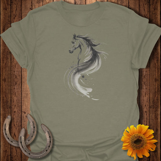 Olive t-shirt with a black and white watercolor horse design.