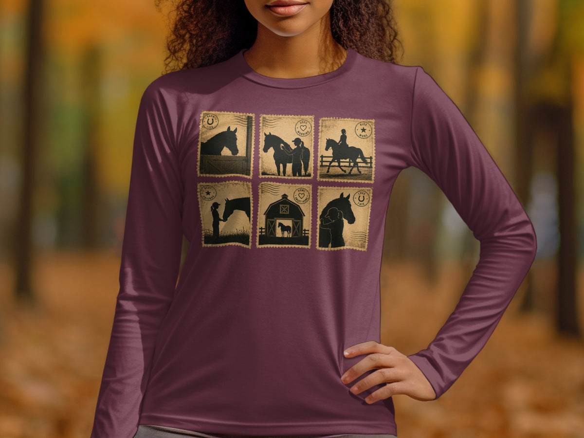 Long-sleeve shirt with six horse-themed stamp graphics and text.