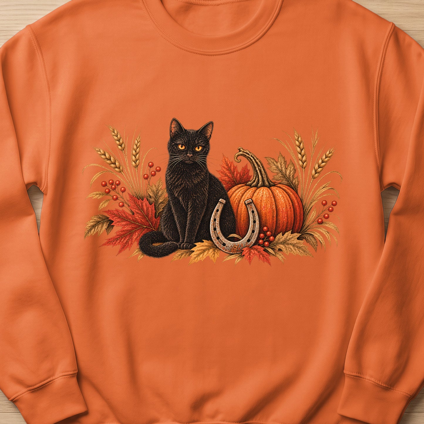Black cat with pumpkin, horseshoe, and autumn leaves on orange sweatshirt.