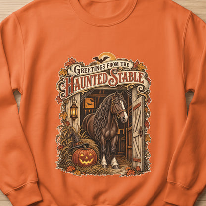 Halloween graphic with a horse, jack-o'-lantern, witch hat, and text "Greetings From the Haunted Stable".