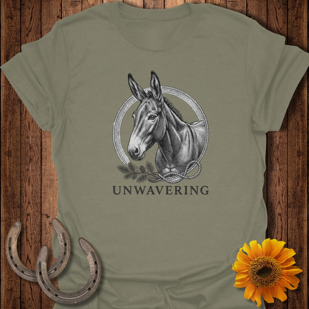 T-shirt with donkey illustration inside a rope circle, "UNWAVERING" text below.