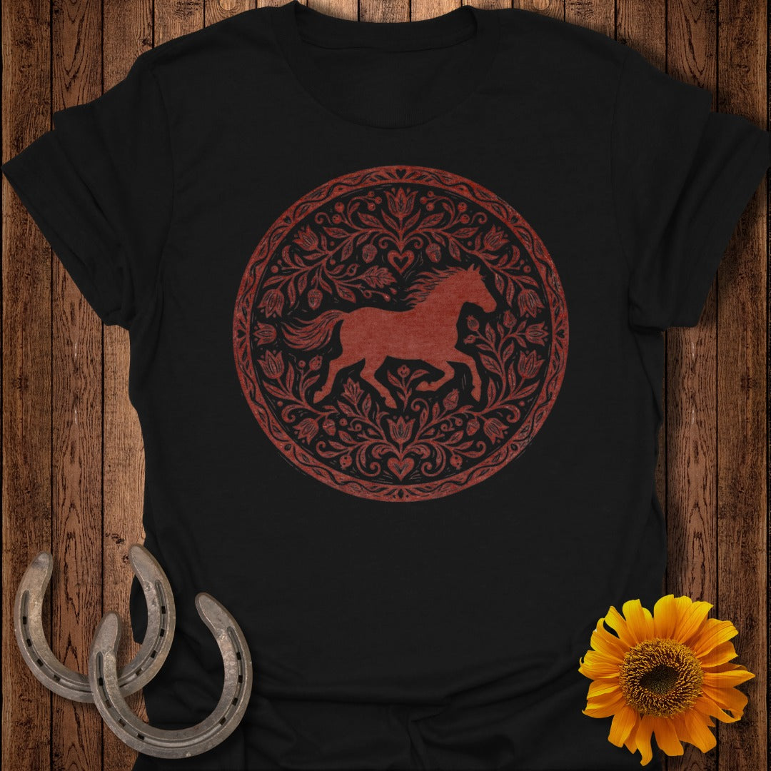 Black t-shirt with a circular red horse and floral design.