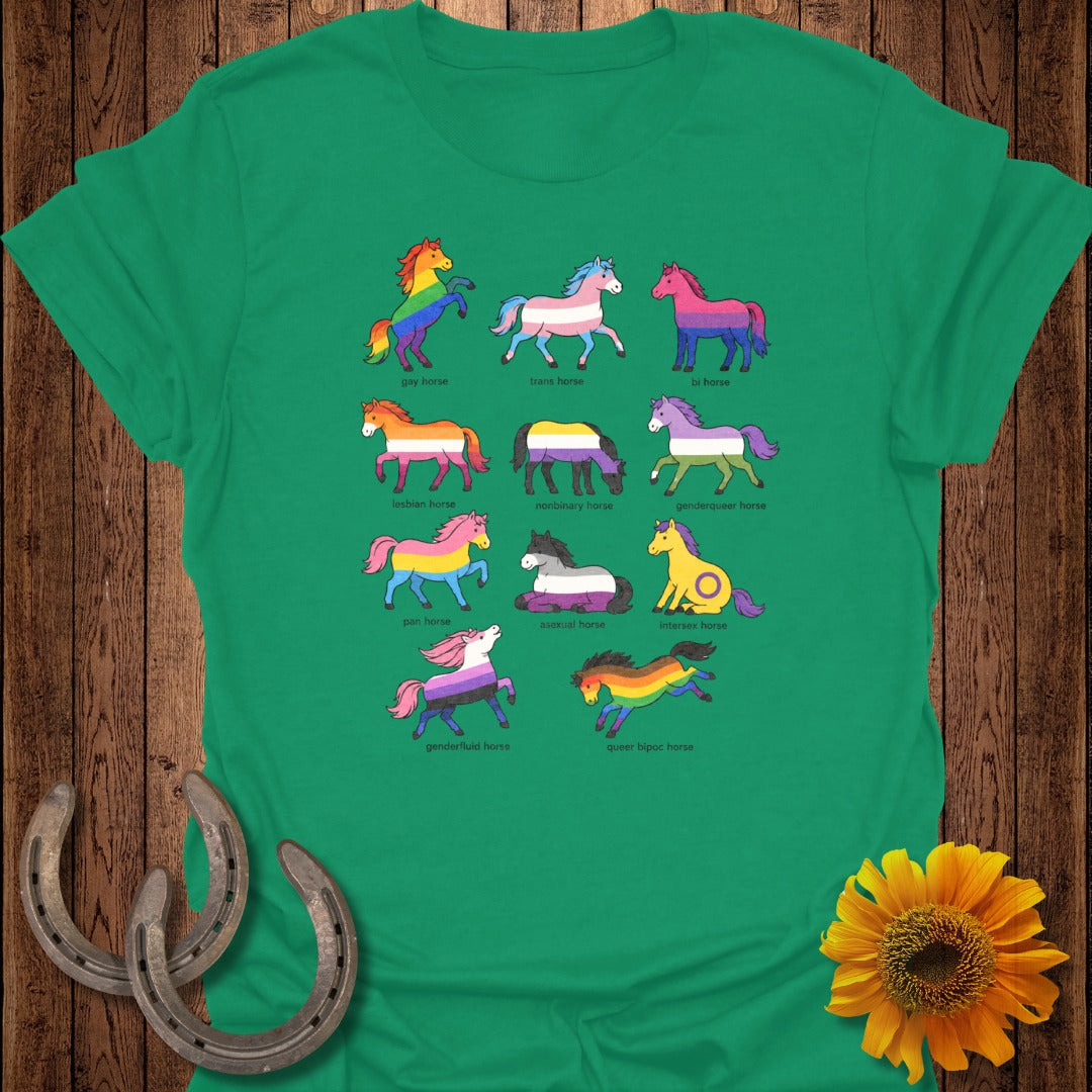 T-shirt with nine illustrated horses representing LGBTQ+ identities.