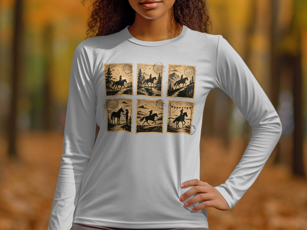 Long sleeve shirt with six vintage postcard-style stamps featuring horseback riders.