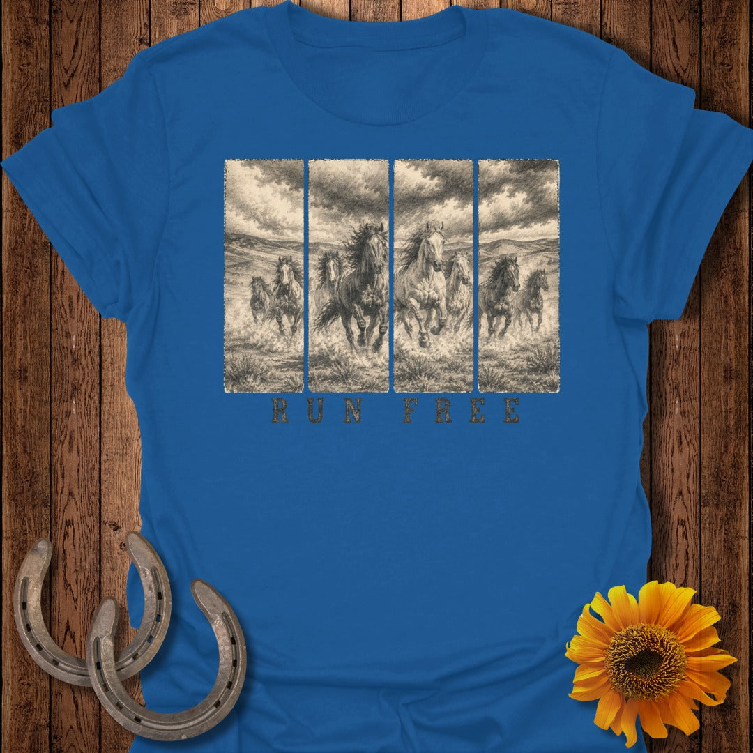 Blue t-shirt with graphic of horses running, "RUN FREE" text, and sunflowers.