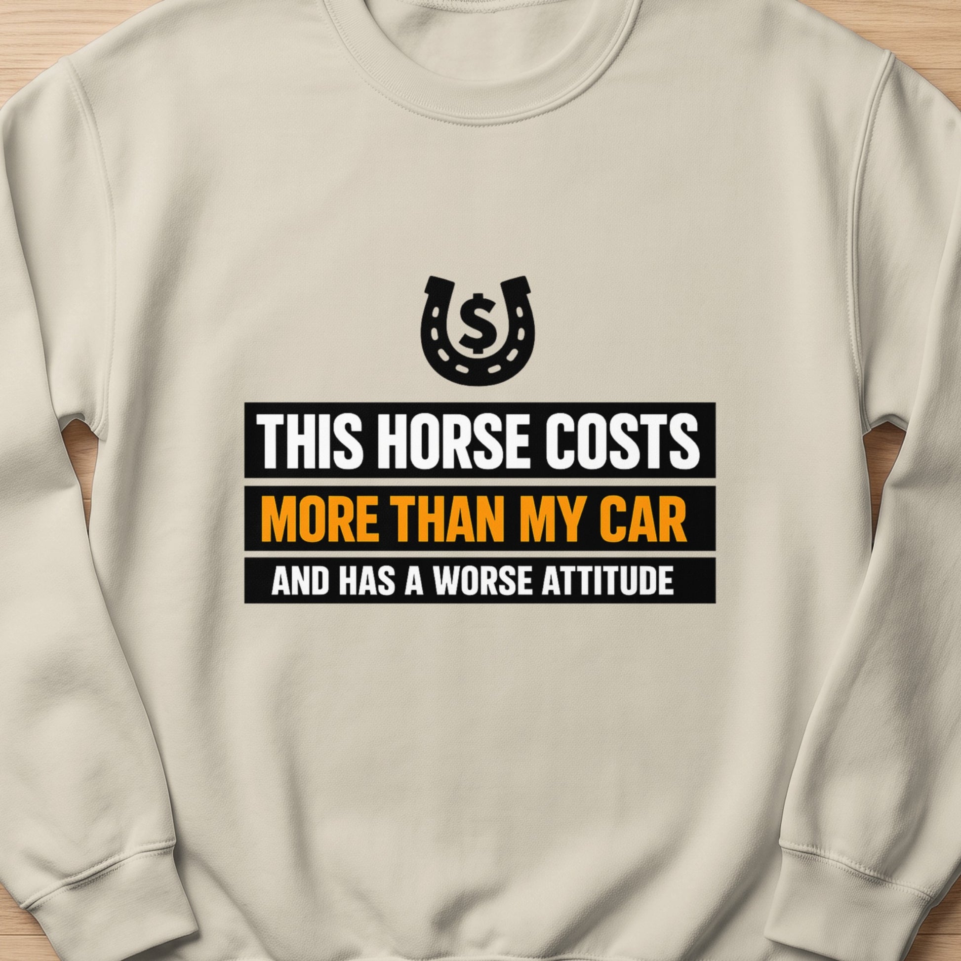 Light cream sweatshirt with horseshoe, dollar sign, and text.