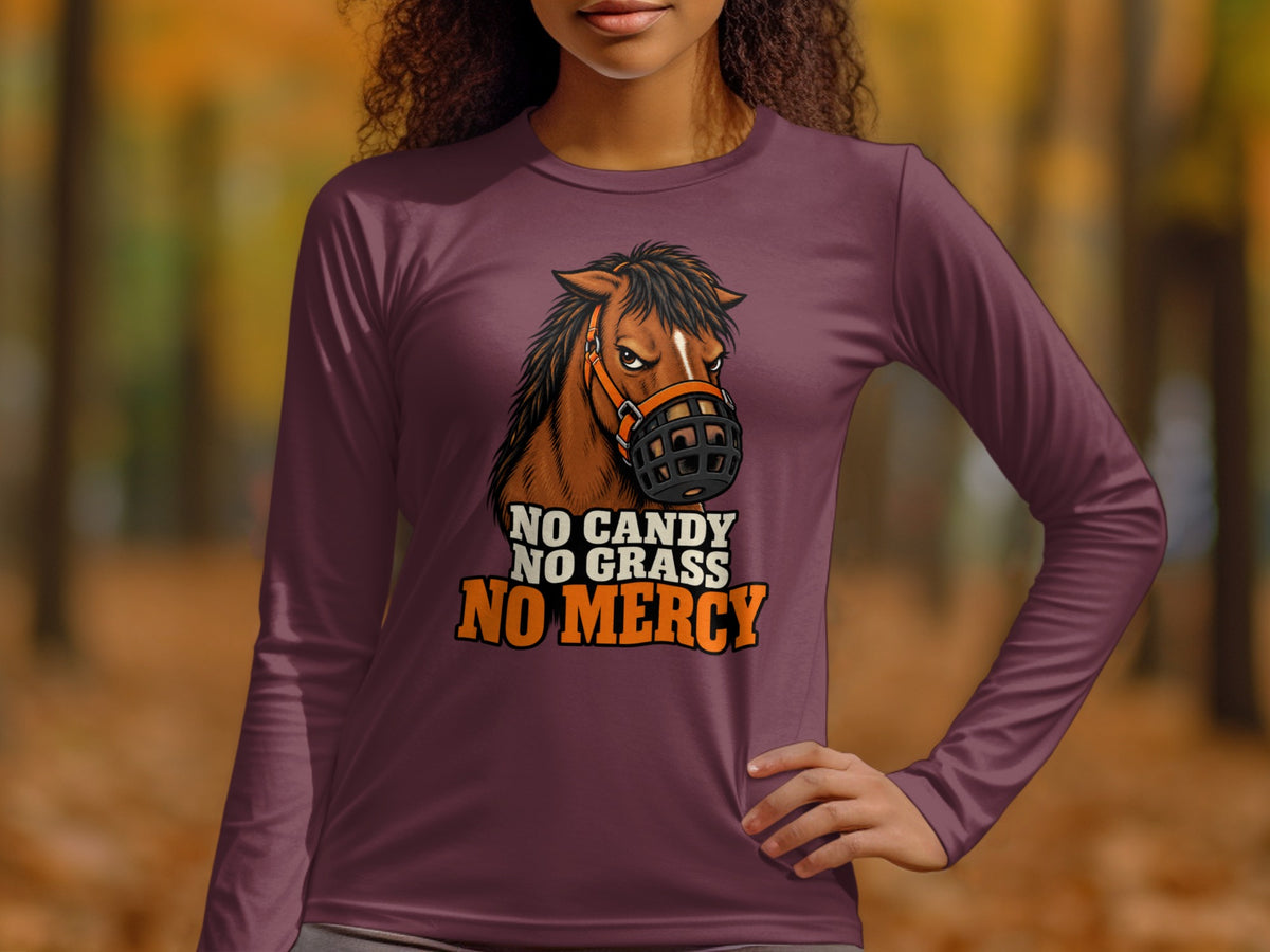 Long-sleeve maroon shirt with a horse graphic and text "NO CANDY NO GRASS NO MERCY".