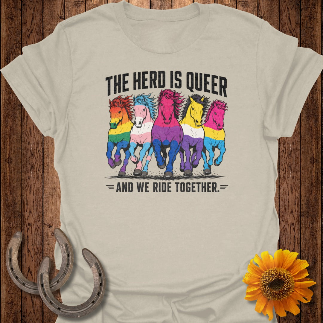 Five horses with rainbow and bisexual pride flag manes on a t-shirt.