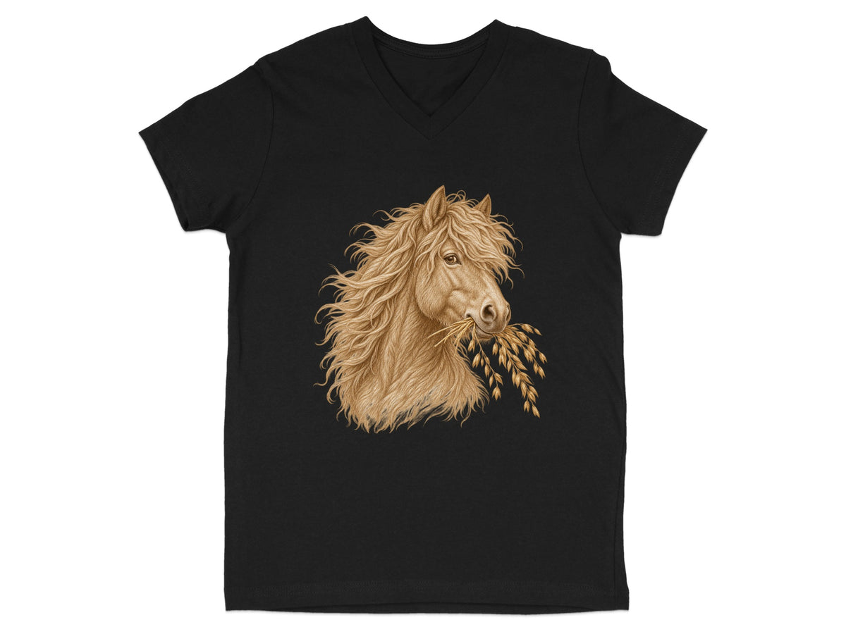 Black t-shirt with a detailed illustration of a horse's head eating wheat.