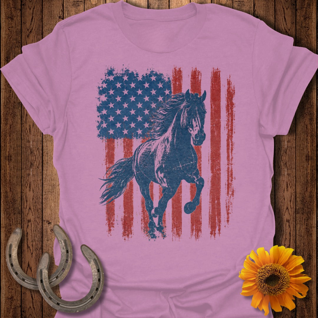 Pink t-shirt with distressed American flag and galloping horse graphic.