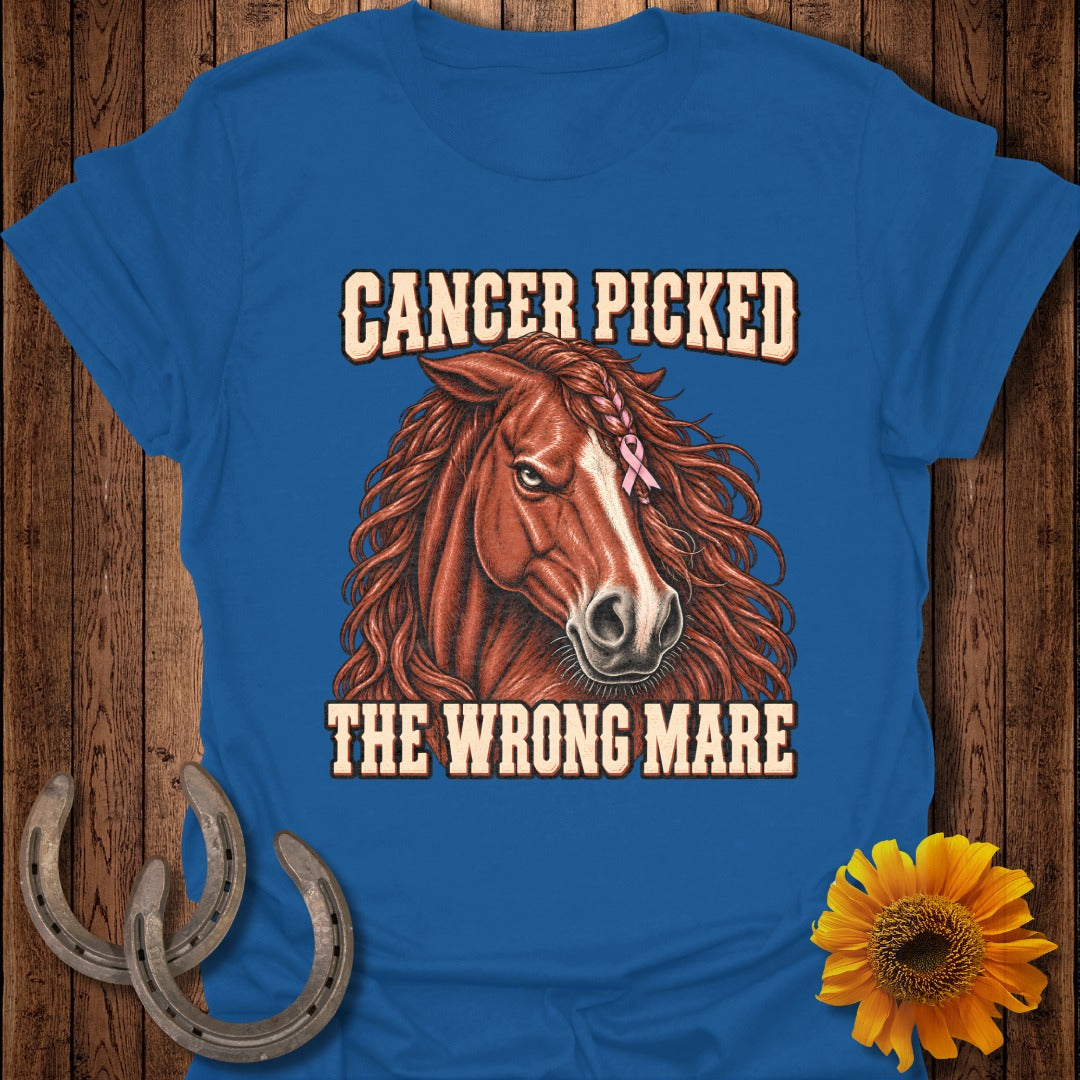 Blue t-shirt with a horse graphic and text "CANCER PICKED THE WRONG MARE"