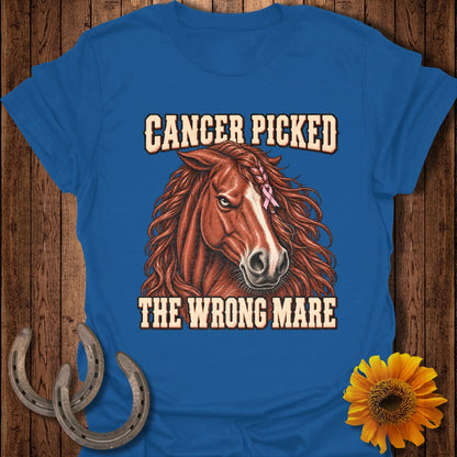 Blue t-shirt with a horse graphic and text "CANCER PICKED THE WRONG MARE"
