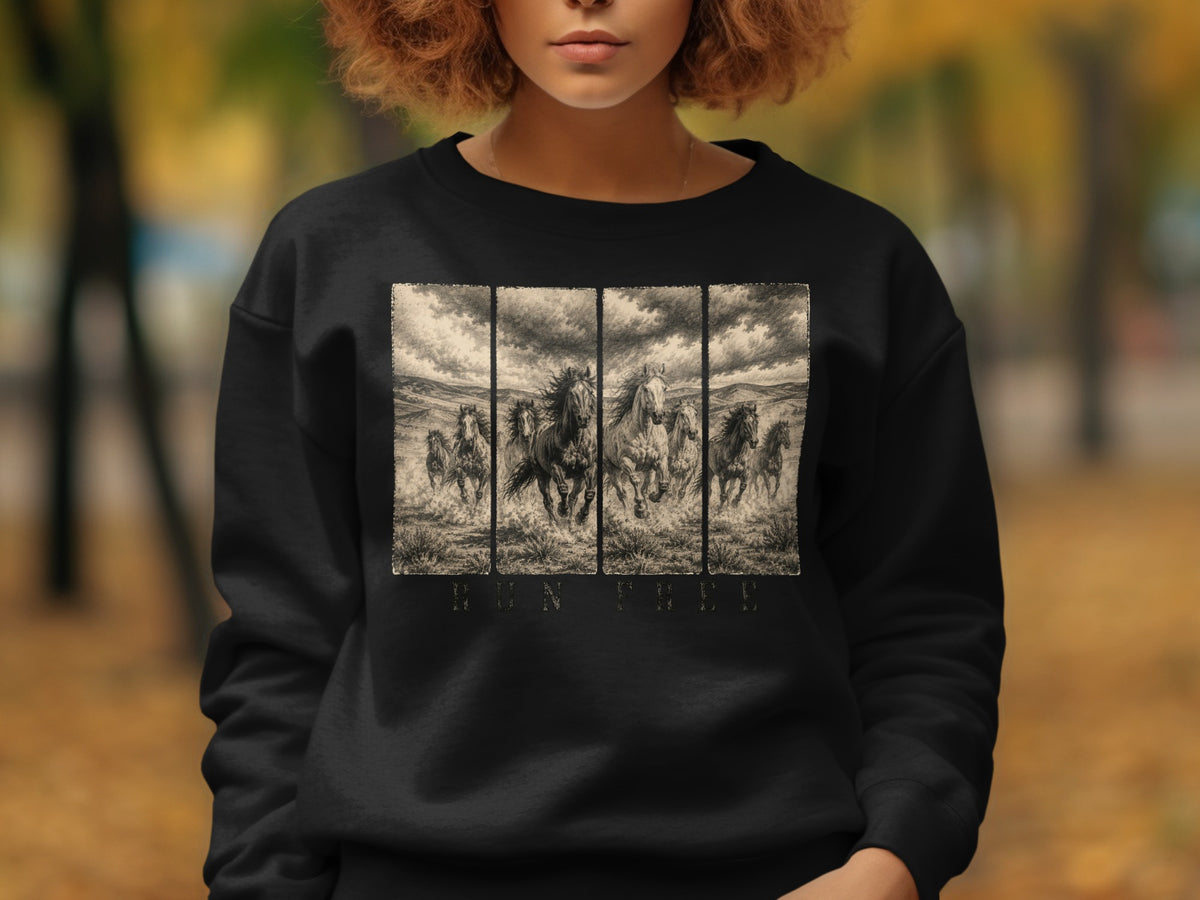 Black sweatshirt with a panel print of running horses and "RUN FREE" text.