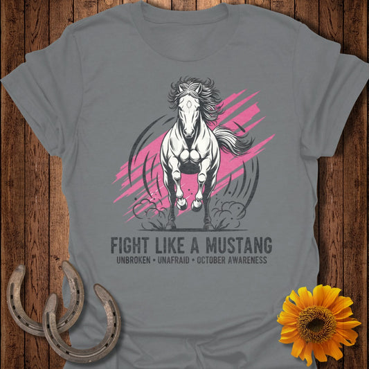 Grey t-shirt with a white Mustang and text "Fight Like a Mustang".
