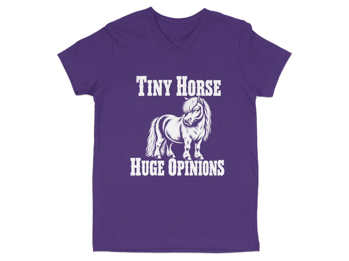A purple v-neck t-shirt featuring a white graphic of a pony with text that reads Tiny Horse Huge Opinions.
