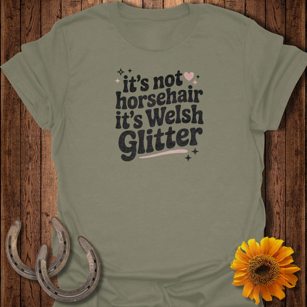 Olive green t-shirt with "it's not horsehair it's Welsh Glitter" text.