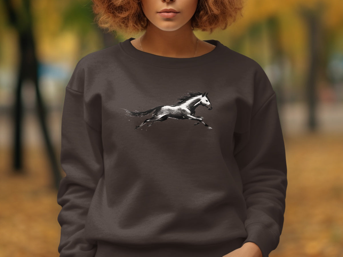 Dark brown sweatshirt with a dynamic black and white running horse graphic.