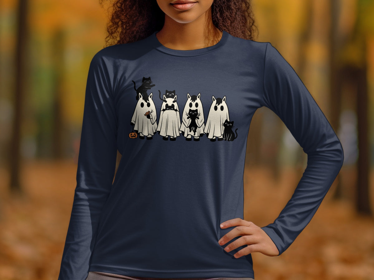 Dark blue long-sleeve shirt with Halloween-themed ghost and cat graphic.