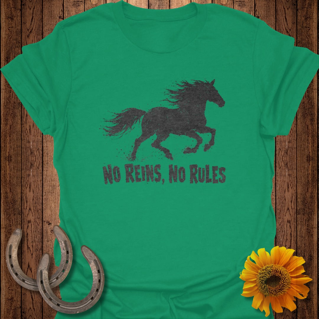 Green t-shirt with black horse silhouette and text "NO REINS, NO RULES".