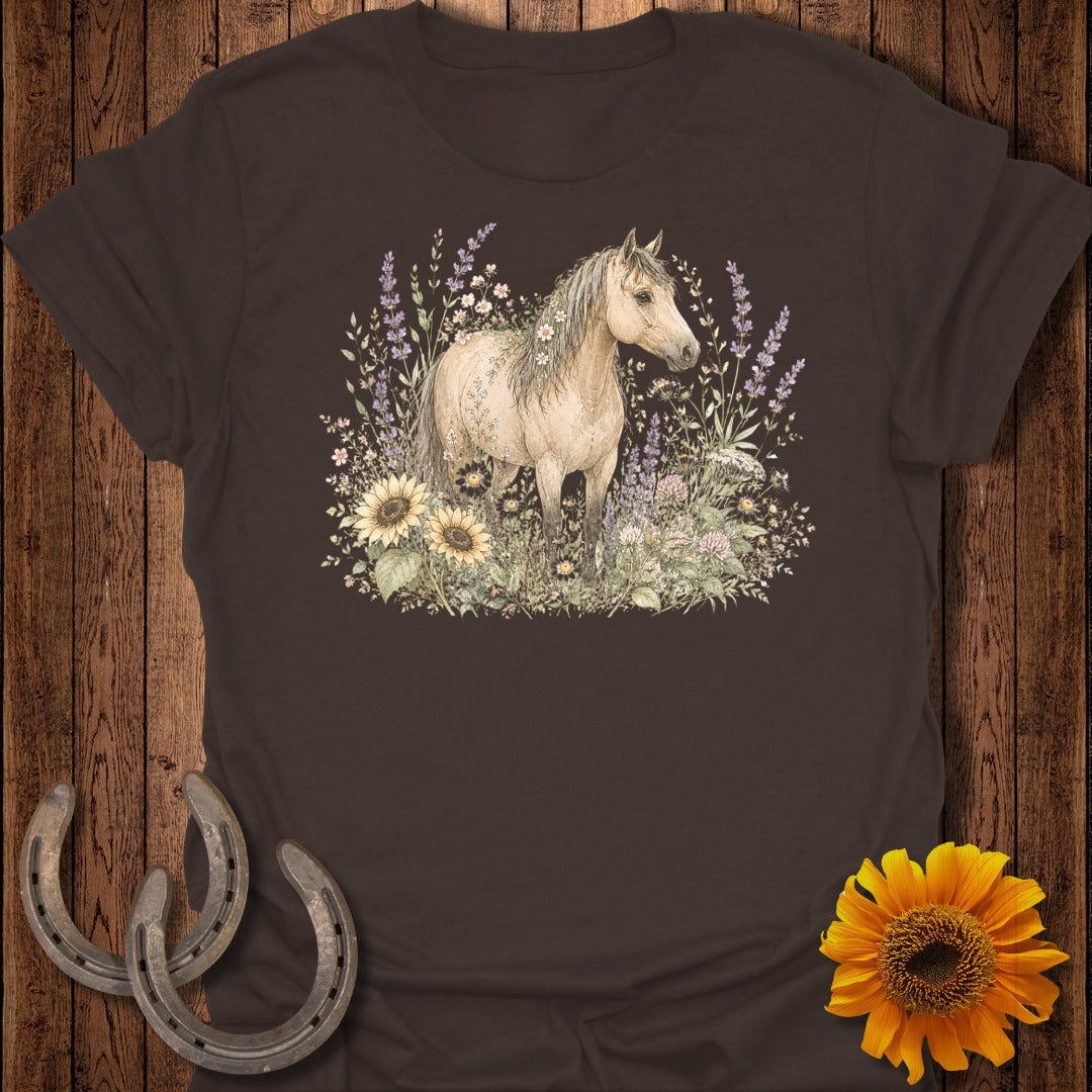 Tan horse in a field of lavender and sunflowers on a brown t-shirt.