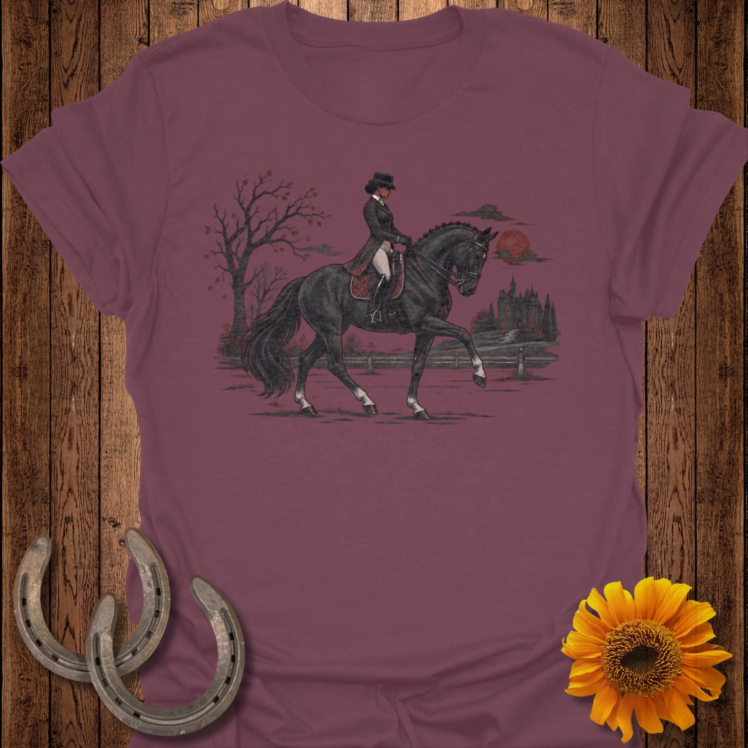 Illustration of rider on black horse, with castle and tree in background.