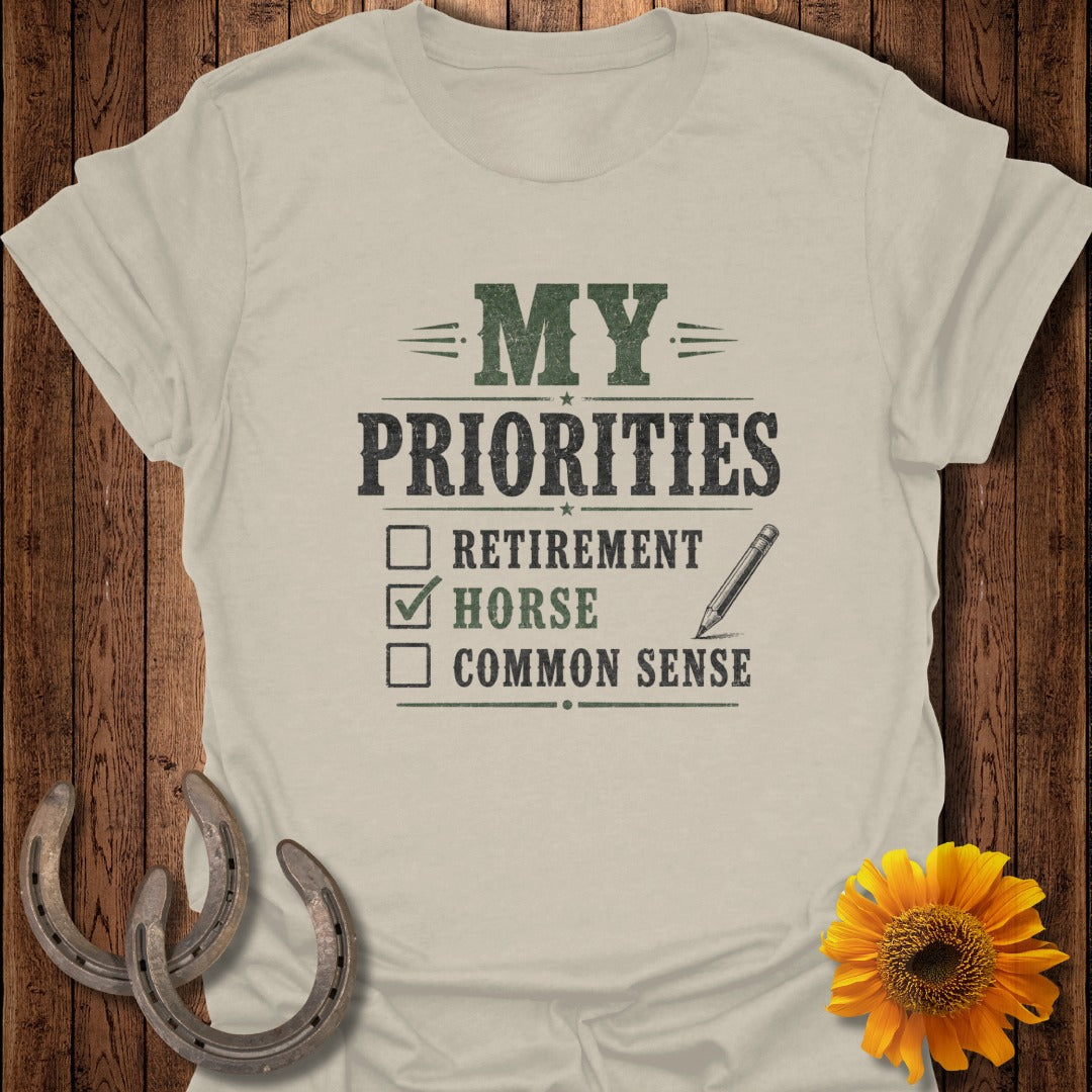 Light beige t-shirt with "My Priorities: Horse" text and a checked box next to horse.