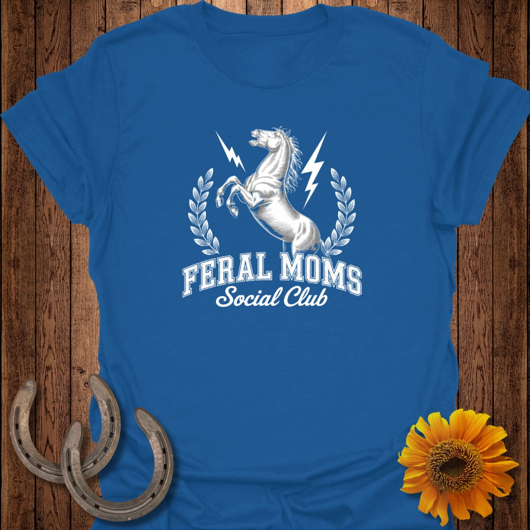 Feral Moms Social Club logo with a horse, lightning, and laurels.