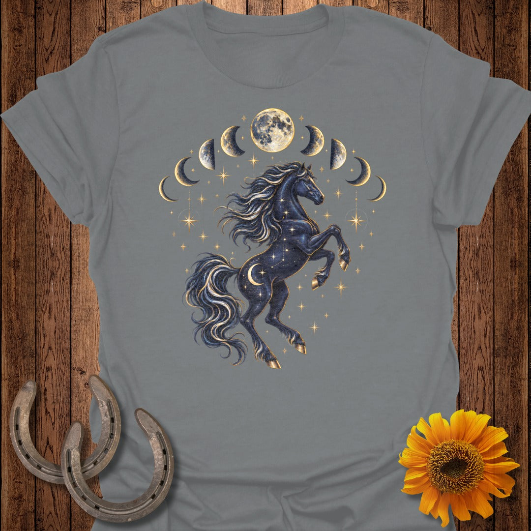 Black horse with a starry coat and crescent moon, surrounded by moon phases and stars.