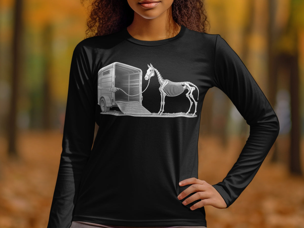 Skeleton horse being led into a trailer by skeletal hands.