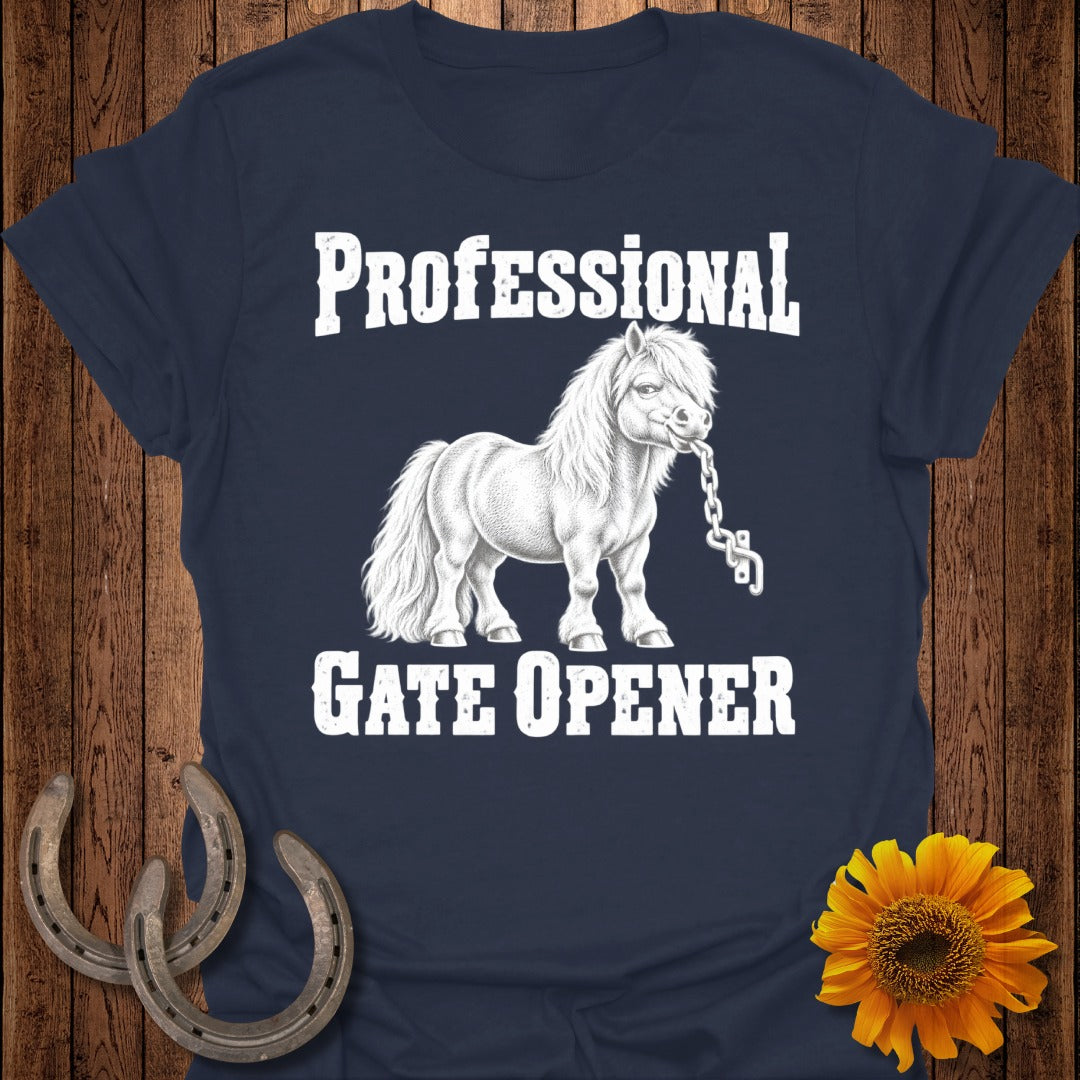 Navy t-shirt with "PROFESSIONAL GATE OPENER" text and a drawing of a pony holding a chain.
