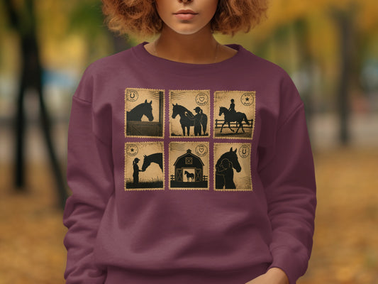 Maroon sweatshirt with six postage stamp graphics of horses and riders.