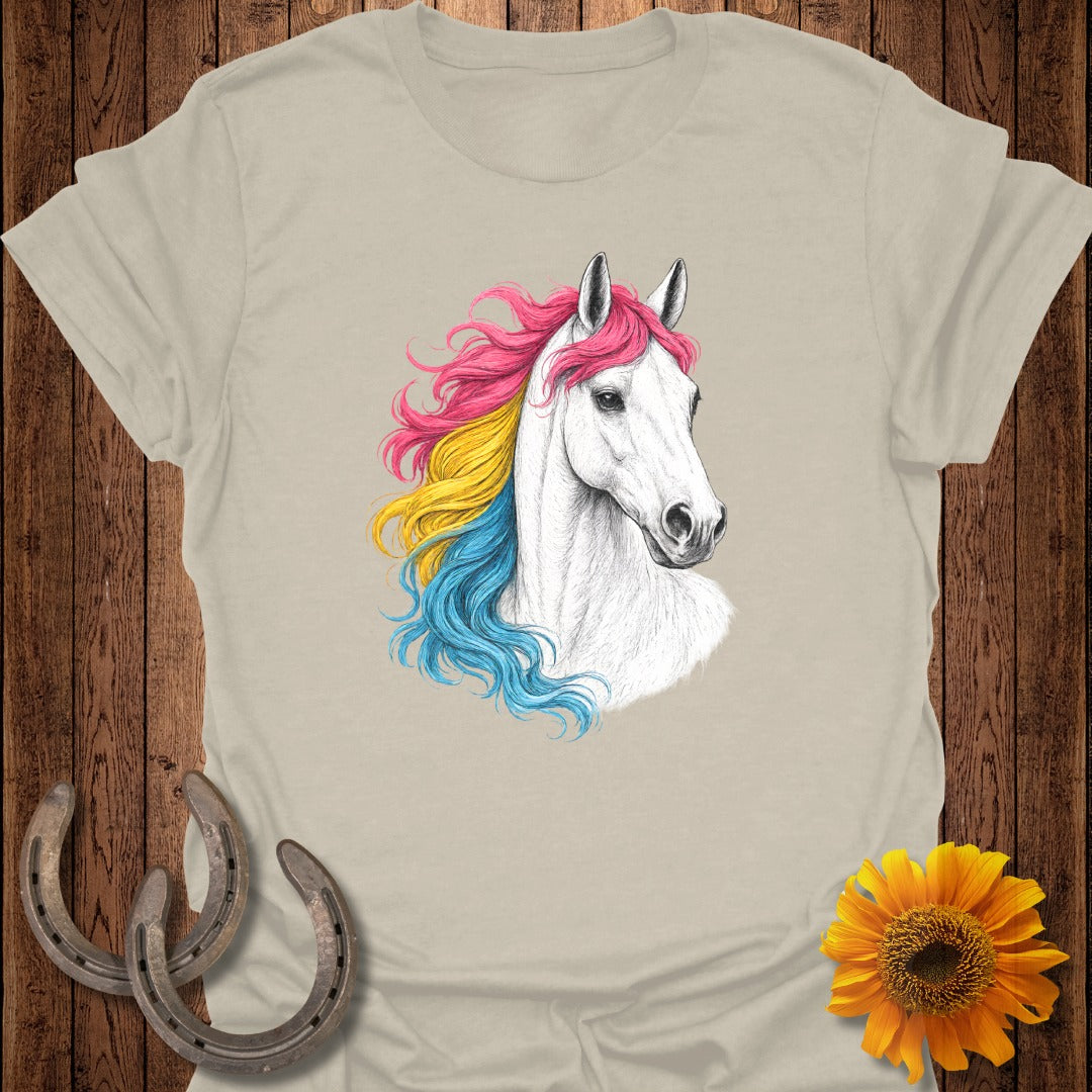 White horse head with pink, yellow, and blue mane on a beige t-shirt.