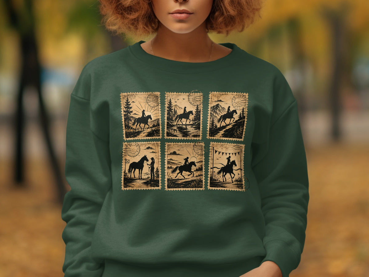 Green sweatshirt with a six-panel print of horse riding scenes in vintage stamp style.