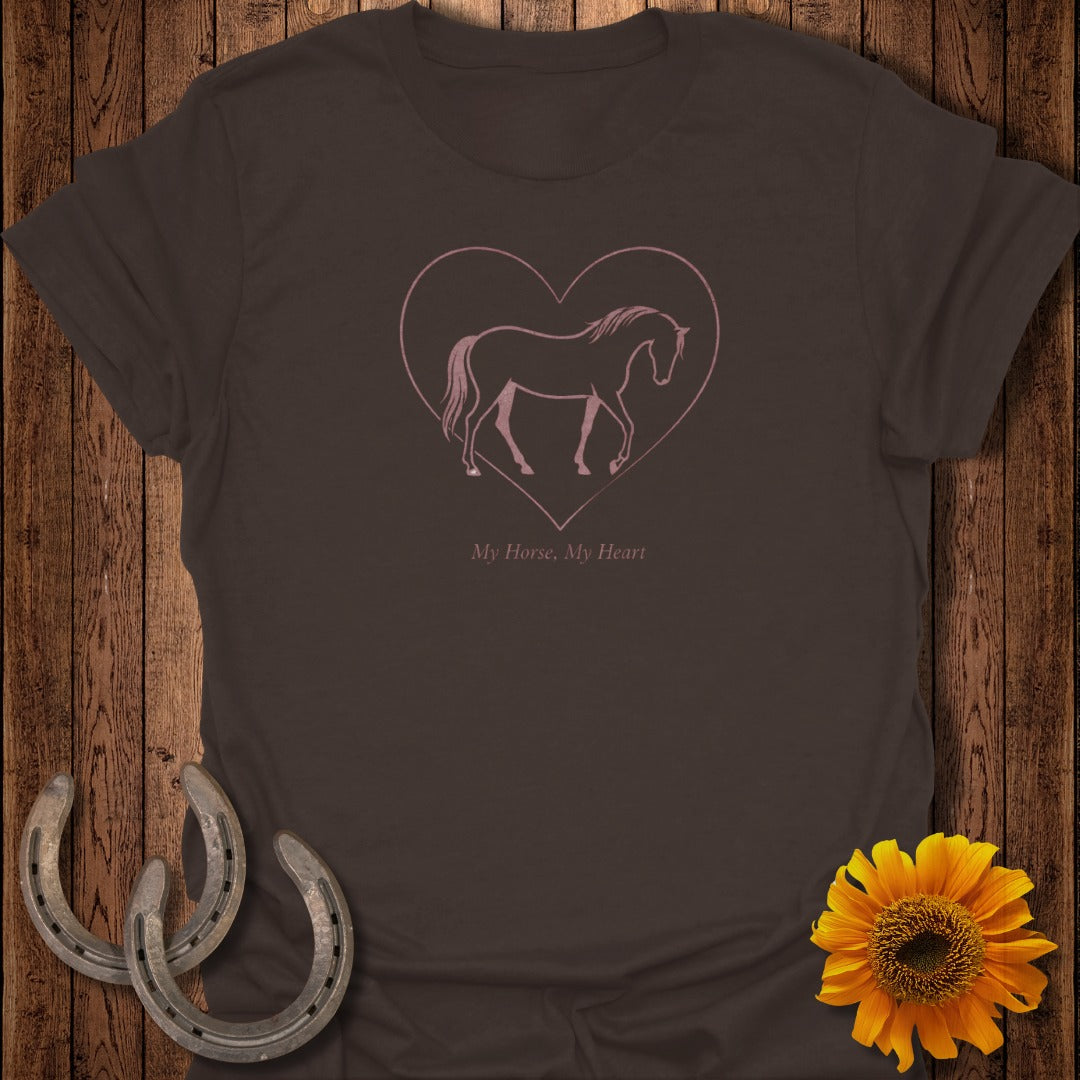 Brown t-shirt with a pink horse silhouette inside a heart and the text "My Horse, My Heart".