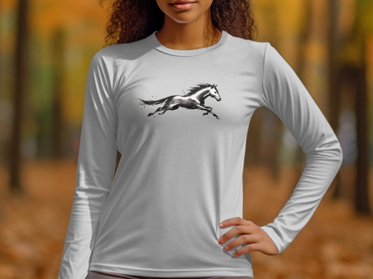 White long sleeve shirt with a black running horse graphic on the chest.